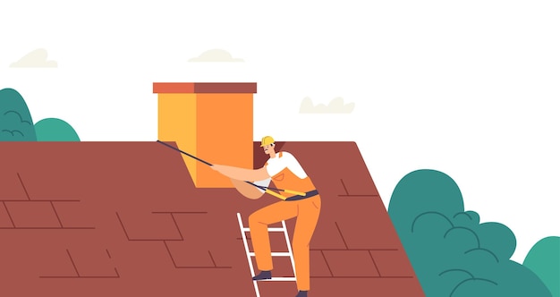 Worker Character on with Climbing Equipment Conduct Roofing Works, Repair Home, Tile House Rooftop, Roofer Man with Work Tools Renovate Residential Building or Cottage