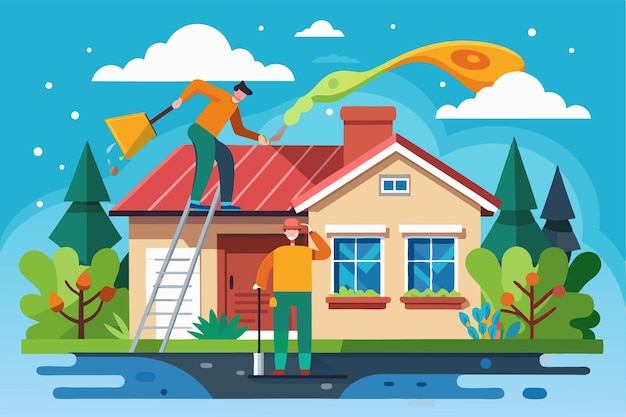 Vector a worker cleans the gutters of a house using a ladder while another person supervises nearby customizable flat illustration for gutter cleaning