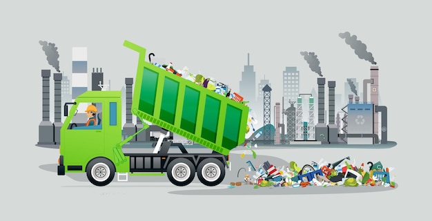 A worker in a garbage truck is pouring rubbish into a recycling plant