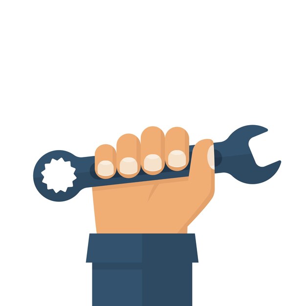 Vector worker holding in hand a spanner isolated on white background vector illustration flat design style