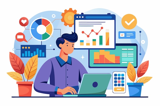 A worker is focused on analyzing charts and graphs displayed on screens while using a laptop Worker analyzing digital data charts and graphs