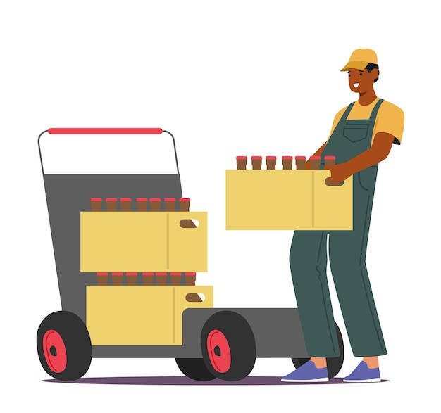 Worker Male Character Efficiently Load Bottles With Brewed Products on Trolley During The Production Process Ensuring Quality And Timely Distribution Cartoon People Vector Illustration