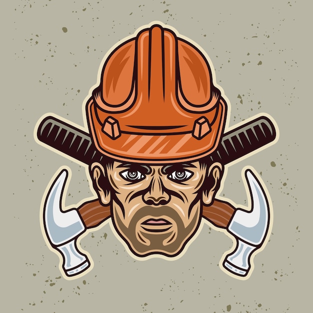 Worker man with bristle in hard hat and two crossed hammers vector illustration in colorful cartoon style isolated on light background