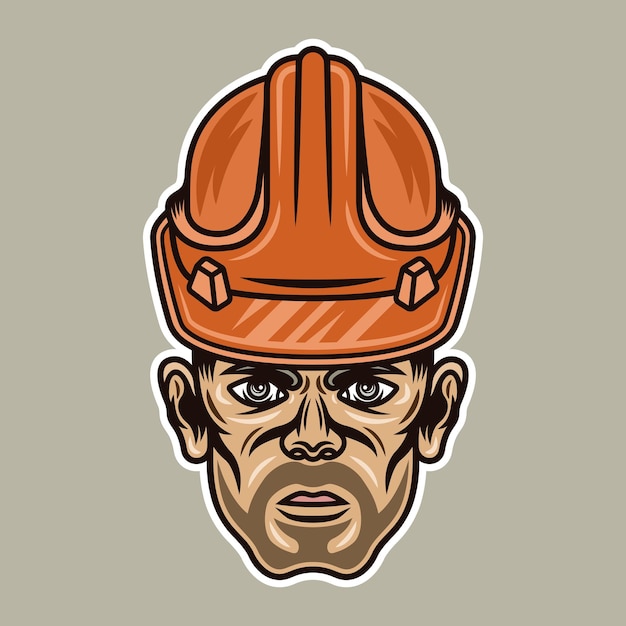 Worker man with bristle in hard hat vector illustration in colorful cartoon style isolated on light background