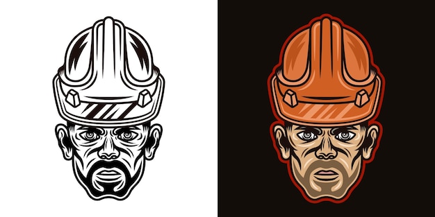 Worker man with bristle in hard hat vector illustration in two styles black on white and colorful on dark background