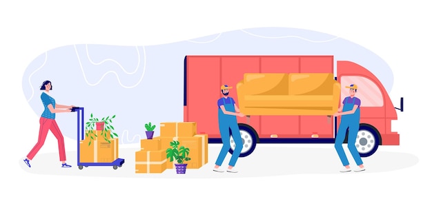 Vector worker moves new office, home, house. people moving and collect supplies in boxes in track. persone cartoon characters packing belongings. young gay unpacking concept, delivery, relocation,