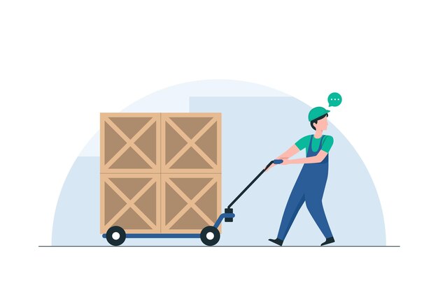 Vector worker moving goods with electric pallet jack illustration