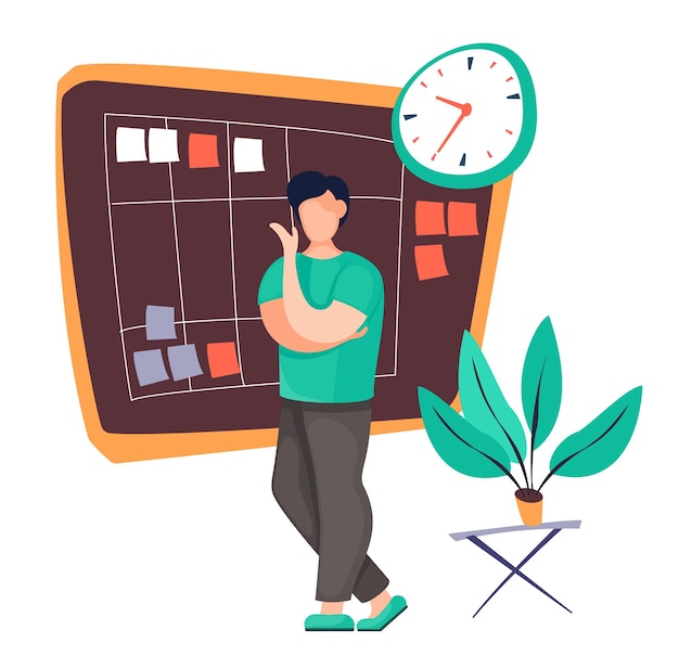 Vector worker organizing work time concept of time management worker near board with task on stickers