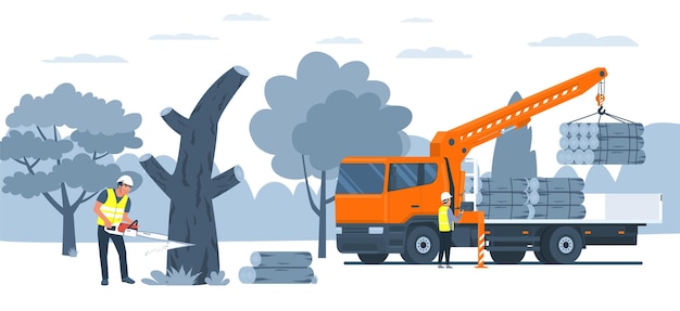 A worker prepares firewood with a chainsaw and loads it into a truck Vector illustration