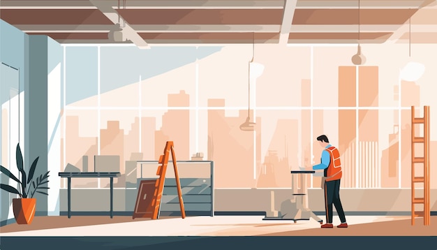 Vector worker standing at the table in a cafe vector illustration