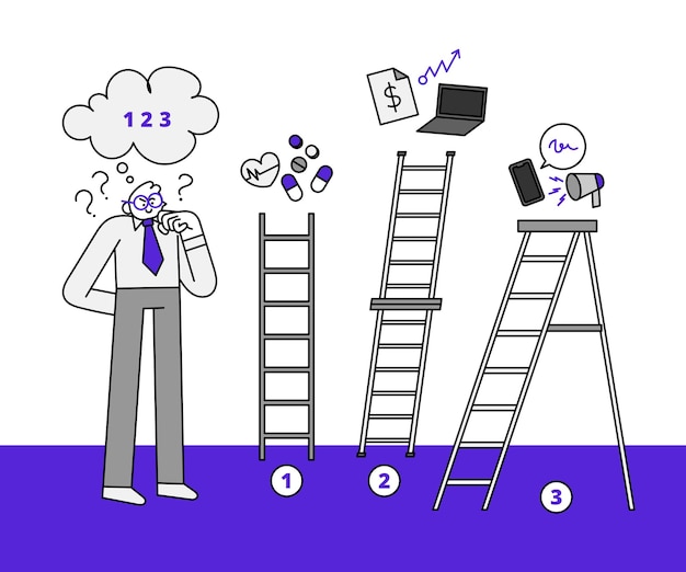 Worker Thinking of Which Ladder to Climb Hand Drawn Character Illustration