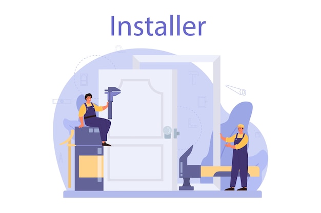 Worker in uniform install door illustration