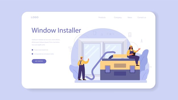 Vector worker in uniform install window web template or landing page. professional service, repairman team. construction service, house renovation.