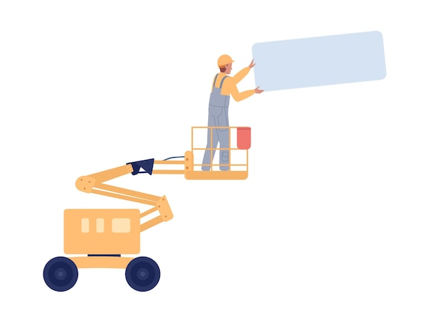 Worker with panel standing on aerial lift semi flat color vector character