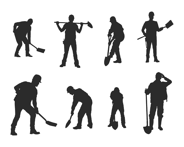 Worker with spade silhouettes, Workers with shovel silhouette