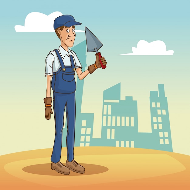 Worker with tool on cityscape cartoon