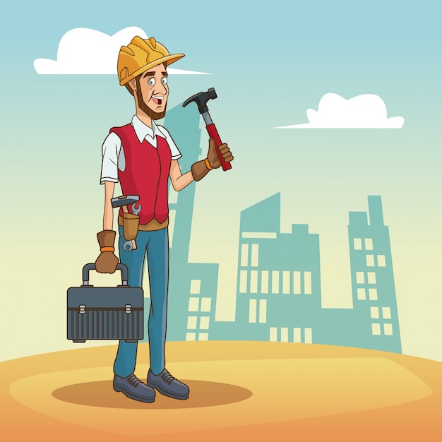 Worker with tool on cityscape cartoon