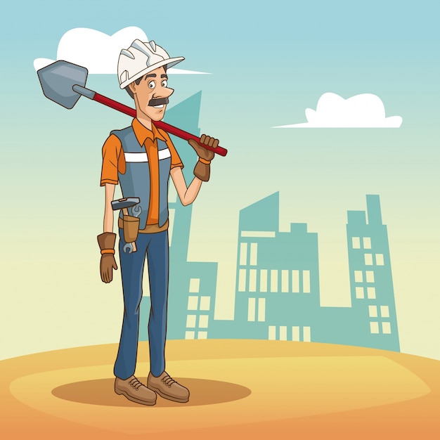 Worker with tool on cityscape cartoon