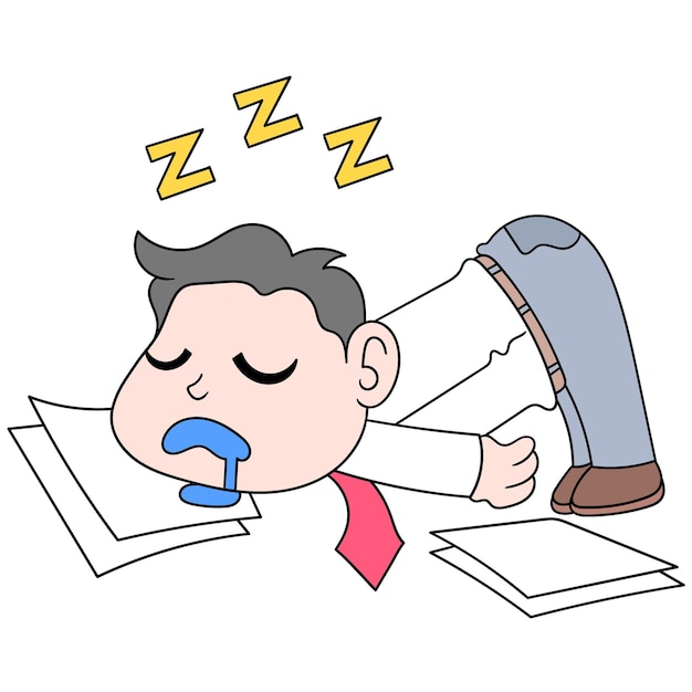 Workers are tired and fall asleep on paper work deadlines, vector illustration art. doodle icon image kawaii.