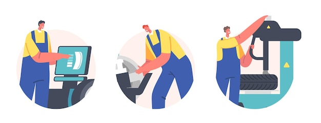 Workers Change Tires at Garage Isolated Round Icons or Avatars Male Characters Wear Uniform Mount Tyres on Car at Mechanic Workshop Vehicle Repair Fixing Service Cartoon People Vector Illustration