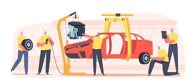 Workers Characters on Car Production Line on Plant, Vehicle Manufacture Factory Auto Body Assembly with People Manage Automobile Building Process. Transport Engineering. Cartoon Vector Illustration