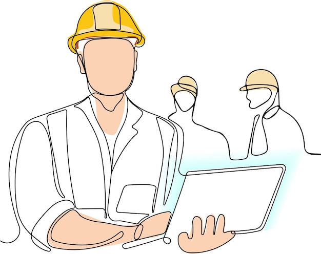 Workers in machine industrial factory. Continuous one line drawing for your minimal design