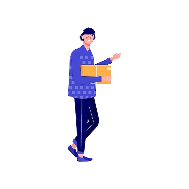 Workers moves new home house People moving and collect supplies in boxes Men cartoon characters packing belongings Young couple unpacking concept delivery relocation move box Vector