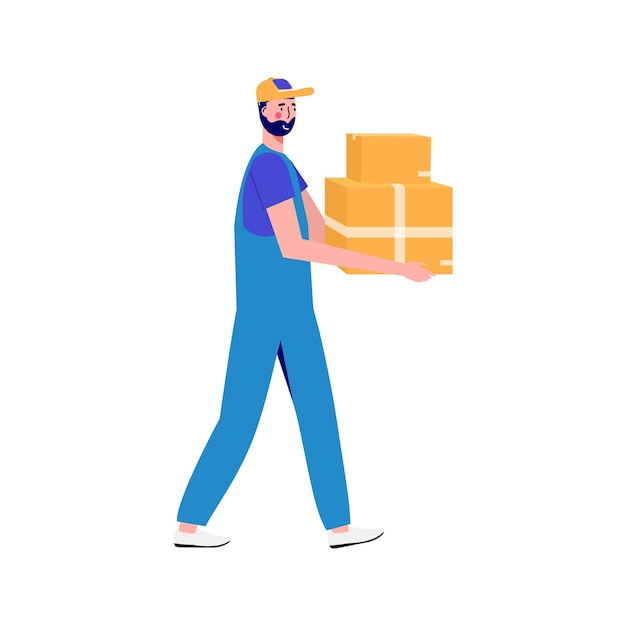 Workers moves new home house People moving and collect supplies in boxes Men cartoon characters packing belongings Young couple unpacking concept delivery relocation move box Vector