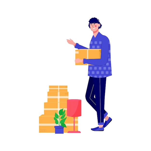 Workers moves new home house People moving and collect supplies in boxes Men cartoon characters packing belongings Young couple unpacking concept delivery relocation move box Vector