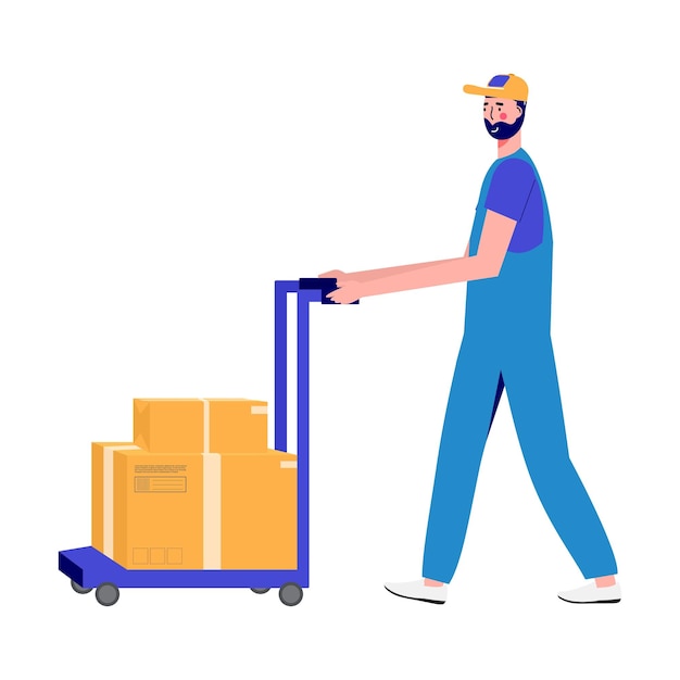 Workers moves new home house People moving and collect supplies in boxes Men cartoon characters packing belongings Young couple unpacking concept delivery relocation move box Vector