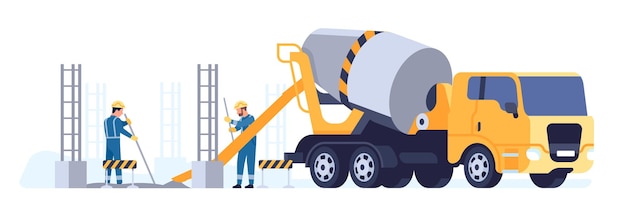 Workers pour cement from concrete truck Mixer machine Building material transportation Architecture construction foundament Industrial vehicle Builders in uniform Vector concept