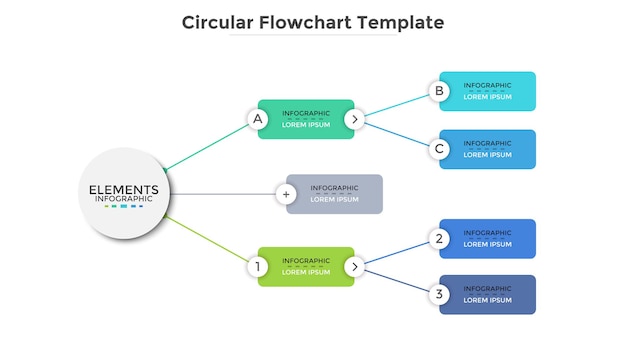 Workflow chart or tree diagram with circular and rectangular elements connected by lines. Concept of business development stages. Minimal infographic design template. Vector illustration for report.