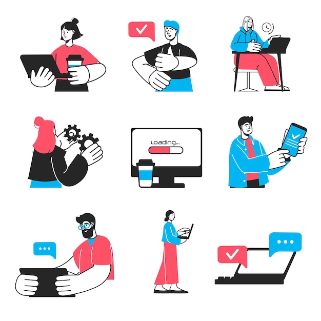 Workflow concept set in flat design Man and woman work at laptop perform tasks optimize processes