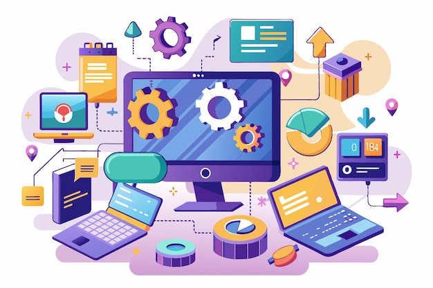 Vector the workflow of installing software is illustrated with diverse devices and tools showcasing interconnected systems process of installing software trending