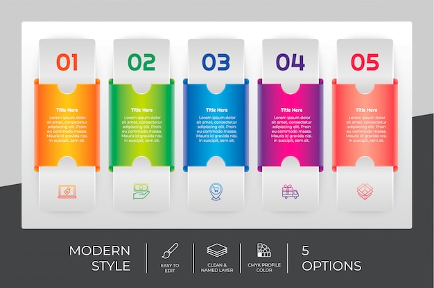 Workflow square infographic   design with 5 options and modern design. option infographic can be used for presentation, annual report, & business purpose.