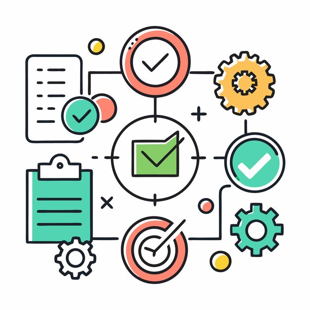 Vector workflow with check marks gears and documents