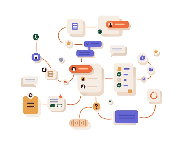 Workflow, work organization concept. Project management process, abstract business system network, scheme with connections, interactions, tasks. Flat vector illustration isolated on white background