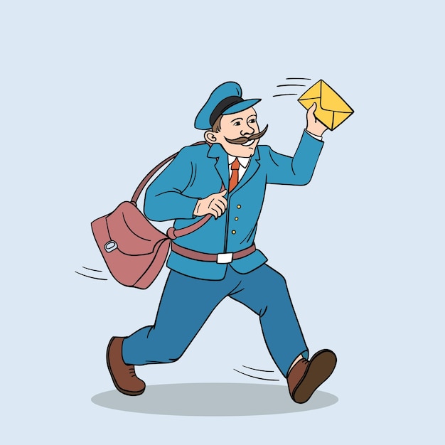 Working as postman with letters concept Smiling man working as postman wearing uniform running hurrying up with letter for person vector illustration