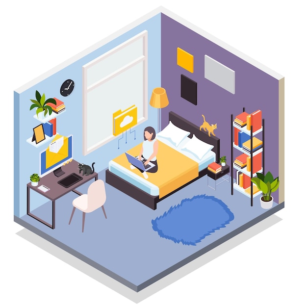 Working from home isometric illustration with young woman using laptop in bedroom