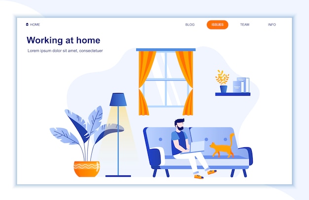 Working at home flat landing page template.