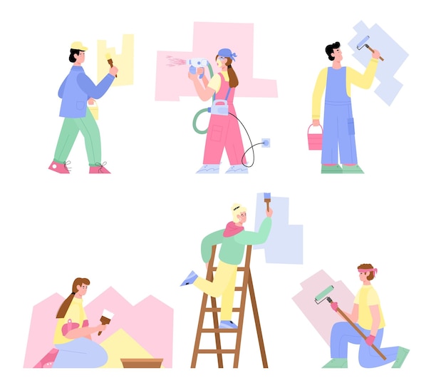 Working house painters cartoon characters set flat vector illustration isolated