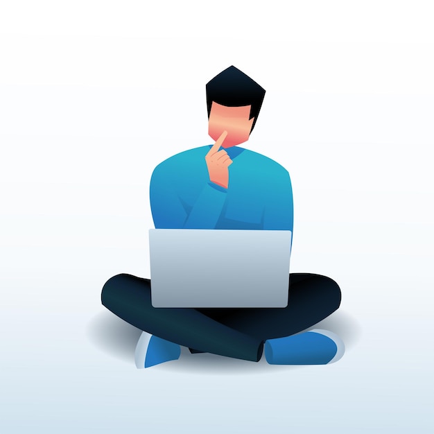 working man thinking on laptop concept illustration