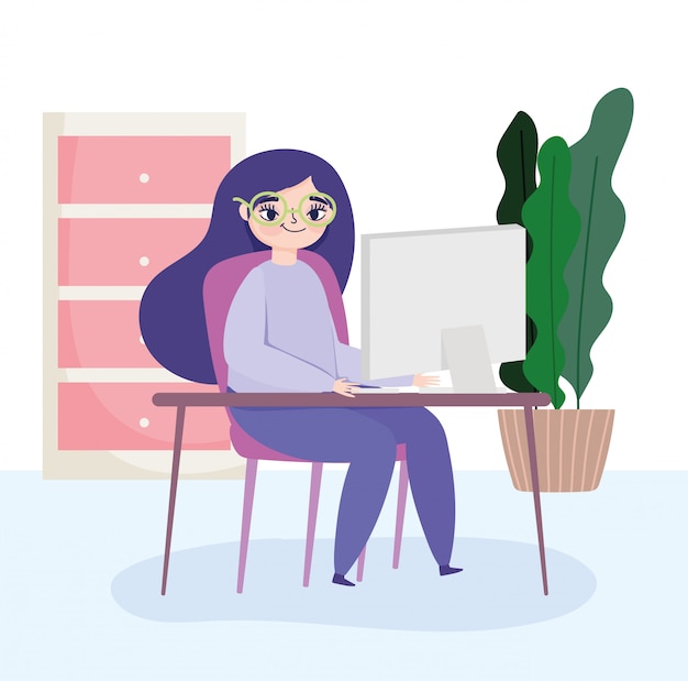 Working remotely, young woman with laptop in desk and plants furniture