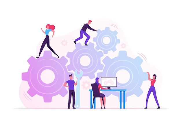 Vector working routine process and teamwork concept. cartoon flat illustration