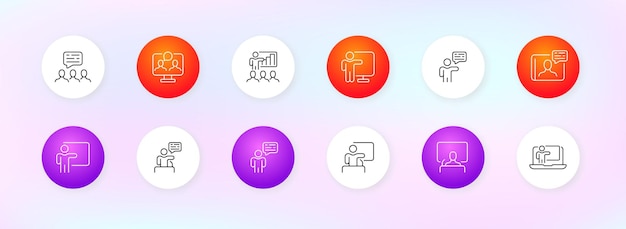 Working routine set icon Online conference exchange information teamwork presentation operator speech bubble consultation Business concept Neomorphism style Vector line icon for Business