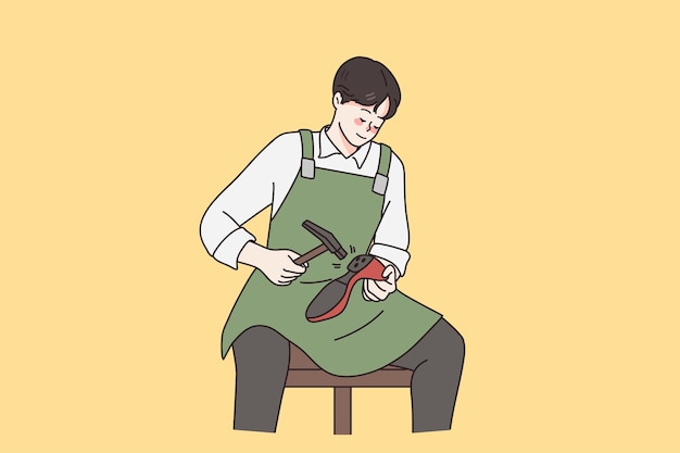 Working in shoe repairing concept Young man shoemaker sitting repairing female shoe with hammer working over yellow background vector illustration