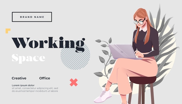 Working space Landing page template Young female freelancer is sitting in modern hipster cafe