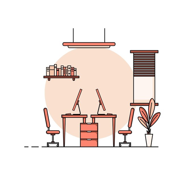 Vector working table flat design, concept of working desk interior with furniture. work room with computer, desktop, table, chair, book, and stationary equipment. work from home cartoon illustration.