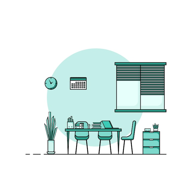 Working table flat design, Concept of working desk interior with furniture. Work room with computer, desktop, table, chair, book, and stationary equipment. Work from home cartoon illustration.