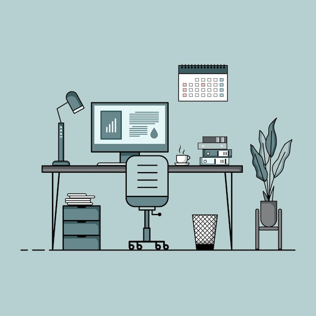 Working table flat design Concept of working desk interior with furniture Work room with computer desktop table chair book and stationary equipment Work from home cartoon